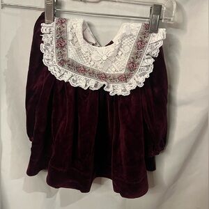 Vtg The Designer Collection Girls Dress Burgundy Velvet Square Lace Collar 18M